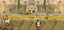 Painting of feudal peasant working in field in front of castle