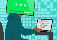 Illustration of a student at a desk, with a computer monitor replacing his head. 