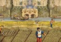 Painting of feudal peasant working in field in front of castle